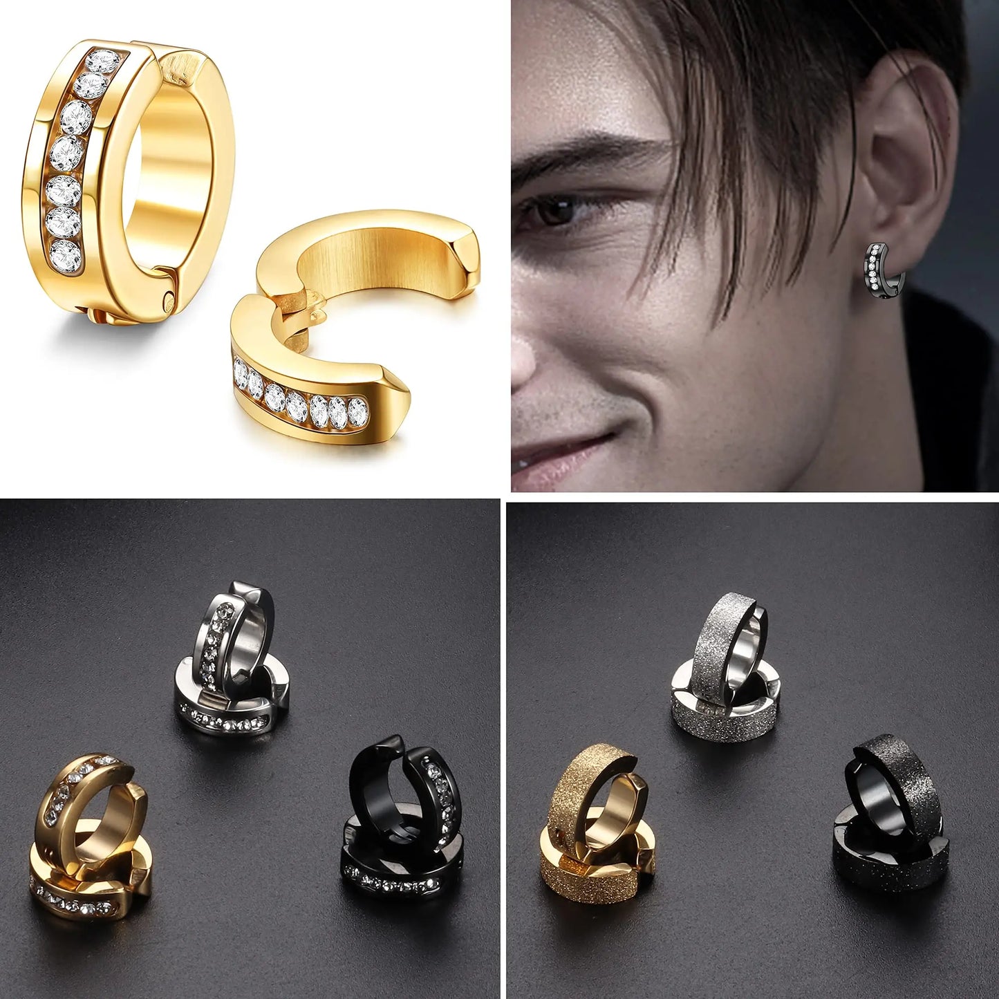 1 Pair/9 Pairs Non-Piercing Earrings Stainless Steel Clip On Hoop Earrings For Men Women Paved CZ Ear Clip Earrings Set