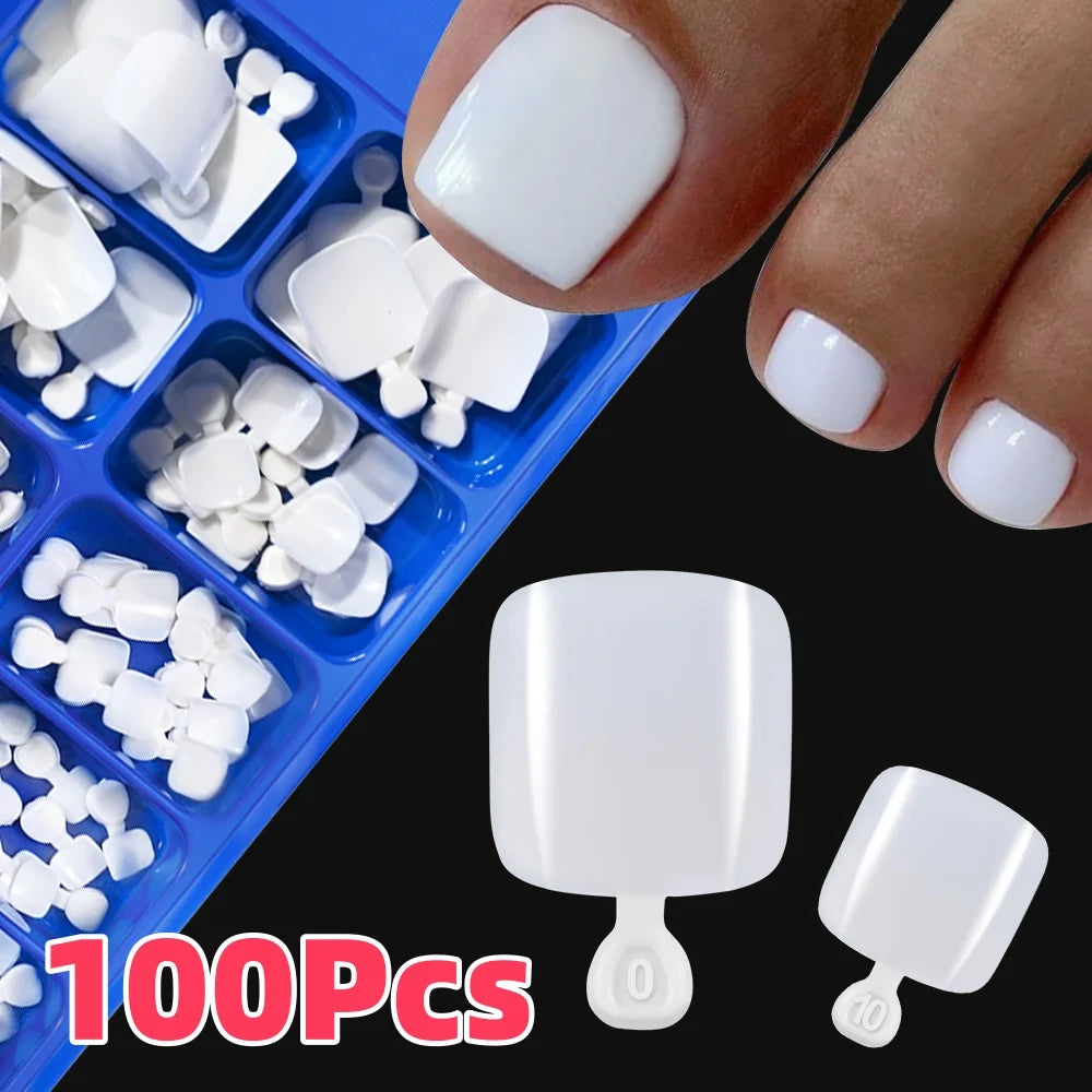 100Pcs White Short Square False Toenails 12-Sizes Full Cover Press On Toe Fake Toe Tips for Summer Women Foot Nail Art Extension