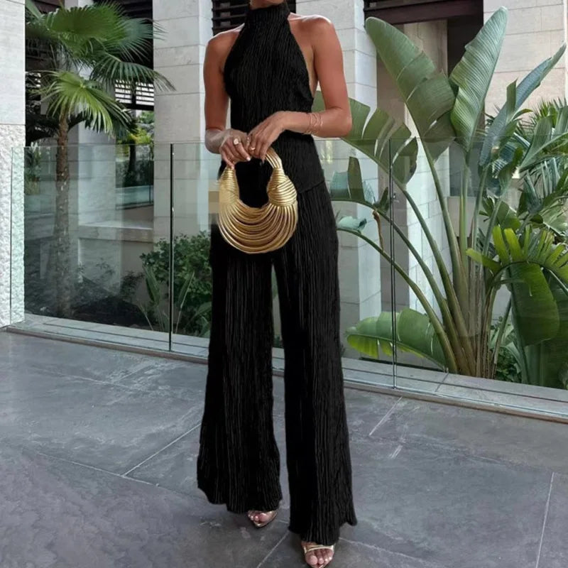Summer New O Neck Solid Zipper Romper Vintage Commute Slim Long Jumpsuits Women's Spring High Waist Sleeveless Playsuit Overalls