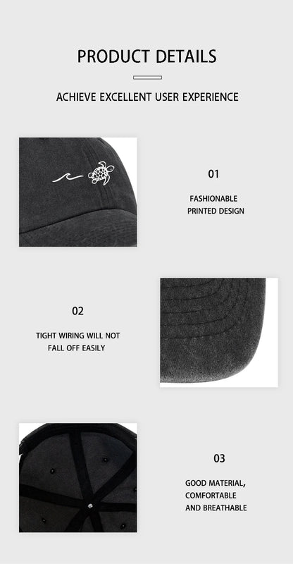 Retro Washed Baseball Cap with Wave, Turtle, and Sun Print – Unisex Adjustable Dad Cap – Summer Beach Sun Hat