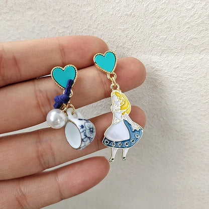 Carton Fairy Tale Princess Alice Asymmetry Earrings Imitation Pearl Blue Heart Dangle Earrings Cute Girls Enamel Earrings