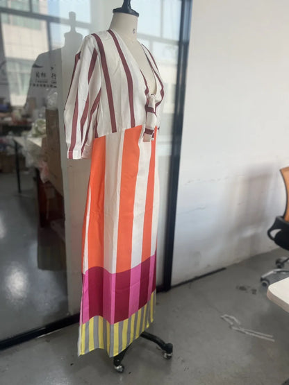 VEITCHE Summer Women Linen Material Long Dresses Fashion Chic Print Sexy V-neck Hollow Out High Waist Party Dress Lady robes
