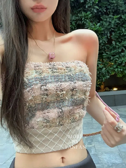 Sexy  Camis Plaid Chic  tube top Slim Korean Tanks Top Sleeveless Elegant  Crop Top Summer Women Bustier