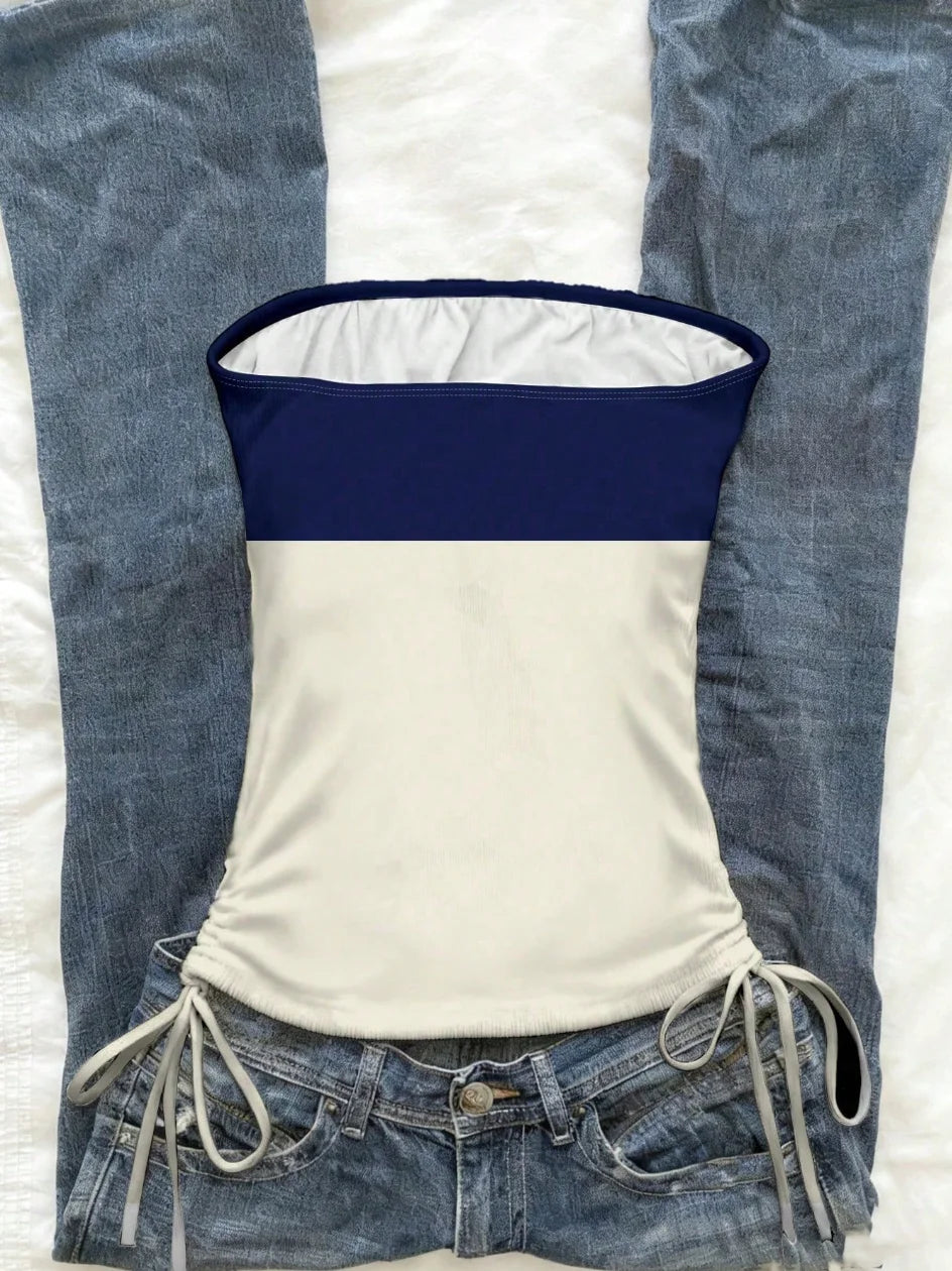 cropped top  ，Women's Summer Drawstring Tie Front Cutaway Tapered Tank Top, Fashionable Resort-Fit Sporty Print Strappy Top