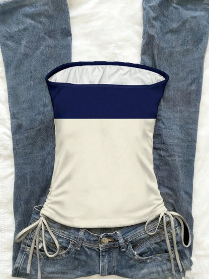 cropped top  ，Women's Summer Drawstring Tie Front Cutaway Tapered Tank Top, Fashionable Resort-Fit Sporty Print Strappy Top