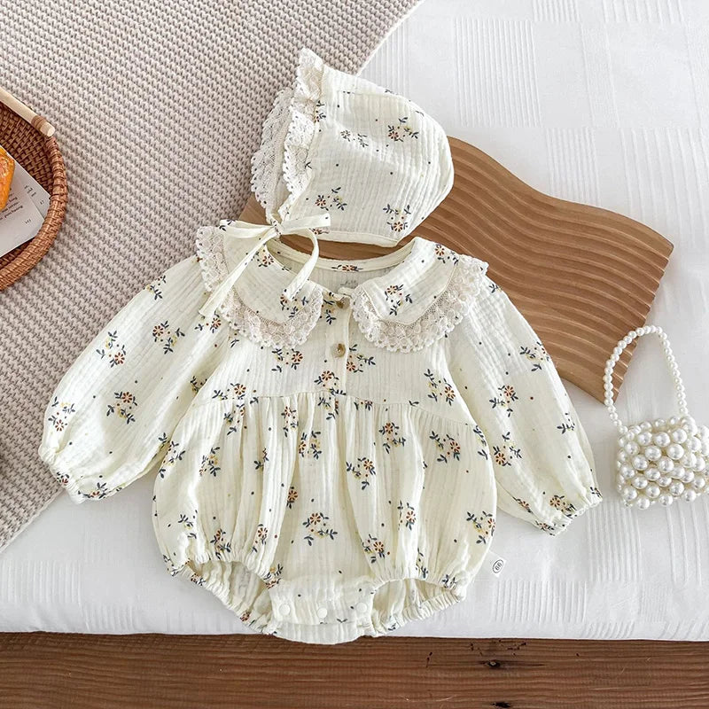 2025 Spring Newborn Infant Baby Girls Romper+Hat 2PCS Lapel Floral Rompers Kids Fashion Baby Clothing Newborn Baby Girl Jumpsuit