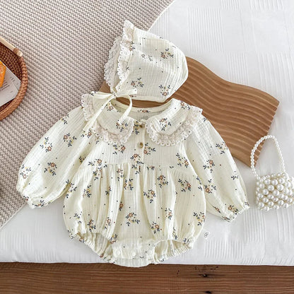 2025 Spring Newborn Infant Baby Girls Romper+Hat 2PCS Lapel Floral Rompers Kids Fashion Baby Clothing Newborn Baby Girl Jumpsuit