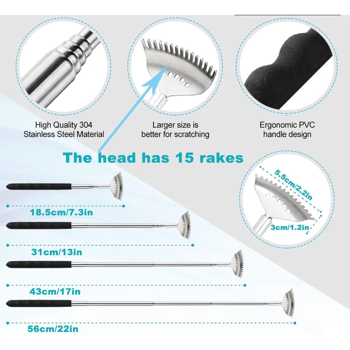 Extendable Back Scratcher the head has 15 rakes, Stainless Steel Portable Telescopic Rubber Handle Back Scratchers