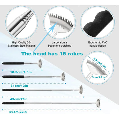Extendable Back Scratcher the head has 15 rakes, Stainless Steel Portable Telescopic Rubber Handle Back Scratchers