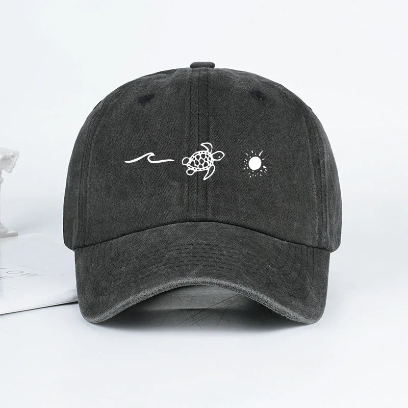 Retro Washed Baseball Cap with Wave, Turtle, and Sun Print – Unisex Adjustable Dad Cap – Summer Beach Sun Hat