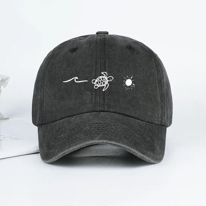 Retro Washed Baseball Cap with Wave, Turtle, and Sun Print – Unisex Adjustable Dad Cap – Summer Beach Sun Hat