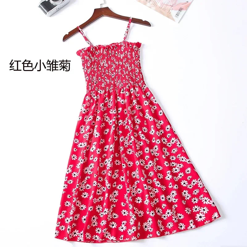 Summer Chiffon Camisole Sleeveless Dress Women Mini Dresses Fashion Elastic  Waist Casual Spaghetti Strap Dresses Vestidos Girls