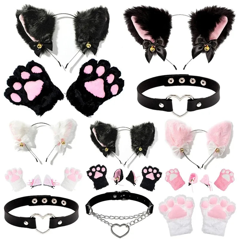 1 Set Cute Cat Ear Hair Wear Claw Gloves Girls Anime Cosplay Costume Plush Bell Cat Fur Ear Hairband Night Party Club Headbands