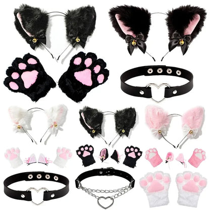 1 Set Cute Cat Ear Hair Wear Claw Gloves Girls Anime Cosplay Costume Plush Bell Cat Fur Ear Hairband Night Party Club Headbands