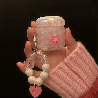 Korean Cute 3D Pink Star Wavy Border Headphones Case For AirPods 1 2 3 With Love Heart Bead Pendant Soft Cover For AirPods Pro 2