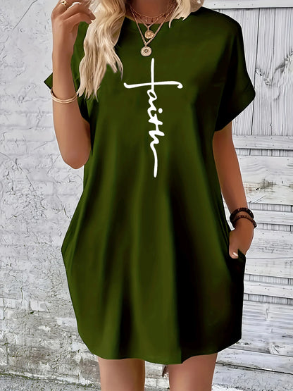 Women's Summer Loose Cross faith Print Round Neck Short Sleeve Pocket Comfortable Casual Plus Size Dress