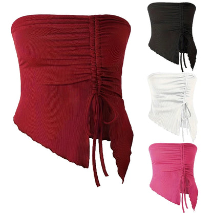 Spring Summer Y2K Women's Strapless Sleeveless Tube Top Mesh Ruched Side Asymmetrical Lace up Bandeau Cami Tank Tops Streetwear
