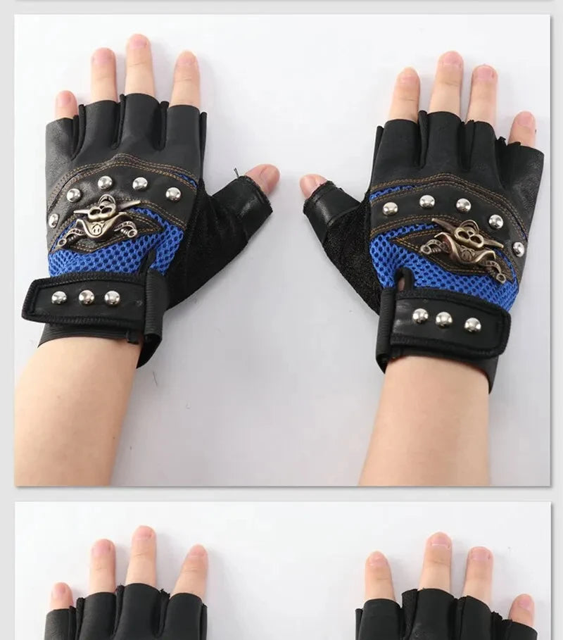 Pirate Captain PU Leather Fingerless Gloves Men Women Skulls Rivet Mitts Hip Hop Gym Gloves Female Moto Half Finger Gloves