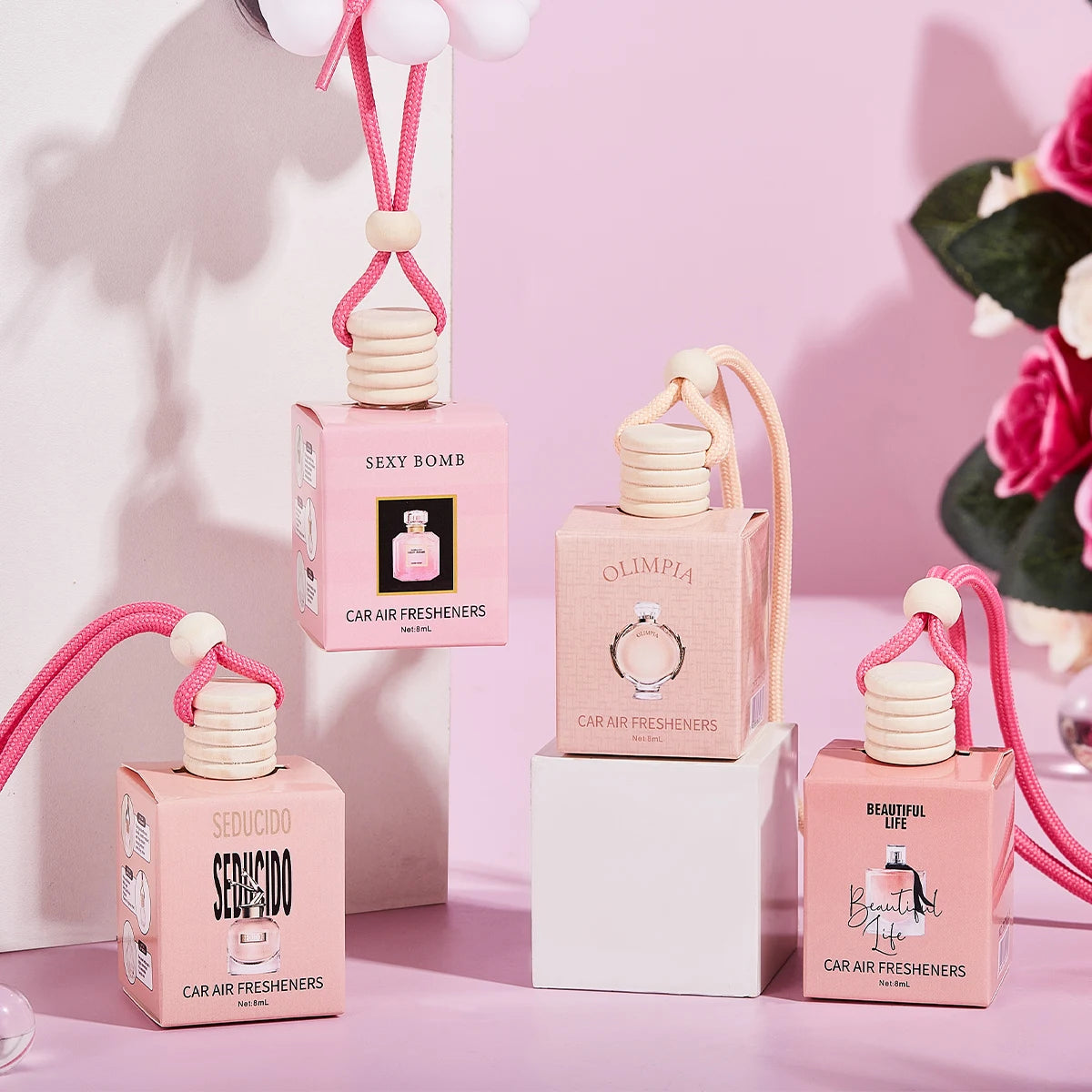 4pcs Pink car fragrance car interior accessories, perfume pendant car supplies, fresh air car fragrance