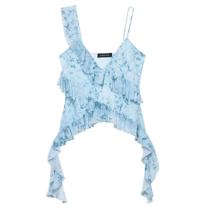 HXAO Leopard Mesh Top Women Tanks & Camis Summer 2025 Sexy Layered Sleeveless Tops For Woman Ruffled Backless Tulle Camisole 066