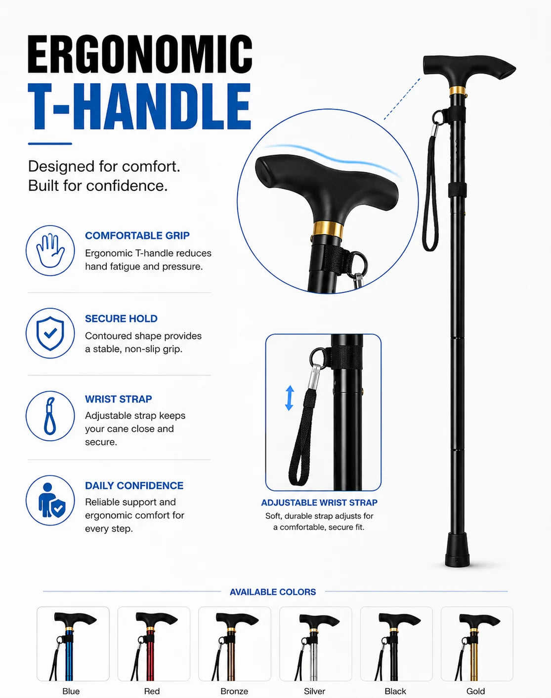 Foldable Walking Cane Adjustable Lightweight Aluminum Travel Cane T Handle Anti Slip Rubber Tip Portable Stick Senior Travel Aid