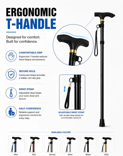 Foldable Walking Cane Adjustable Lightweight Aluminum Travel Cane T Handle Anti Slip Rubber Tip Portable Stick Senior Travel Aid