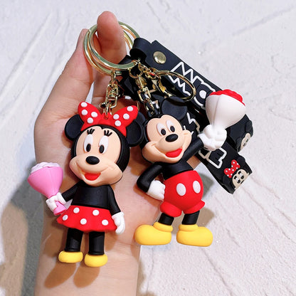 Mickey Minnie Flower Series PVC Figure Keychain Set, 6PCS Cute Cartoon Couple Key Rings with Floral Design for Bag Gift
