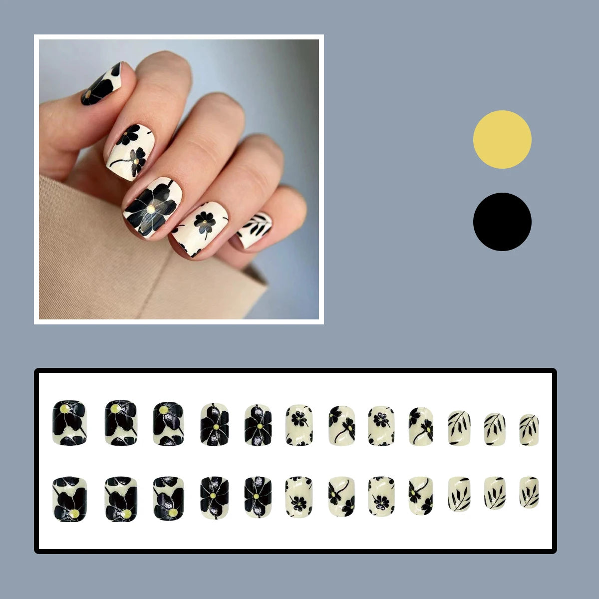24pcs/set short square fake nails for women girls faux ongles fashion glitter geometric flowers design press on false nail kit