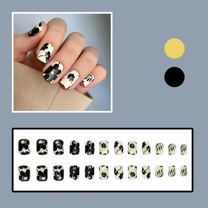 24pcs/set short square fake nails for women girls faux ongles fashion glitter geometric flowers design press on false nail kit