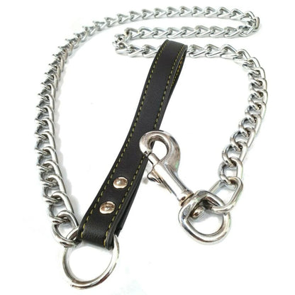 Metal Chain Dog Lead with Leather Style Handle Strong Control Leash Iron Dog Pets Supplies Collars Harnesses Chain Traction Rope