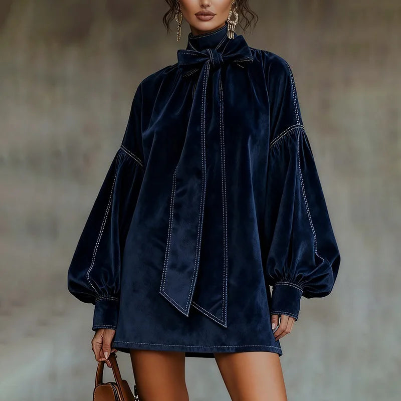 American Retro High Collar Lantern Sleeve Long Sleeve Bow Tie Elegant Velvet Women Mini Dresses Casual Autumn High Street Dress