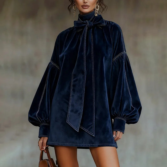 American Retro High Collar Lantern Sleeve Long Sleeve Bow Tie Elegant Velvet Women Mini Dresses Casual Autumn High Street Dress