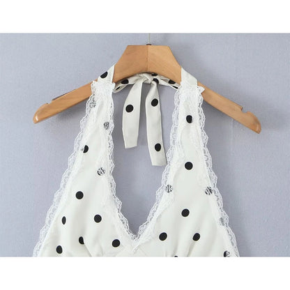 YENKYE Lace Spliced Polka Dot Halter Dress Women Elegant A-line Mini Sexy Backless Dresses Summer Robe 2025