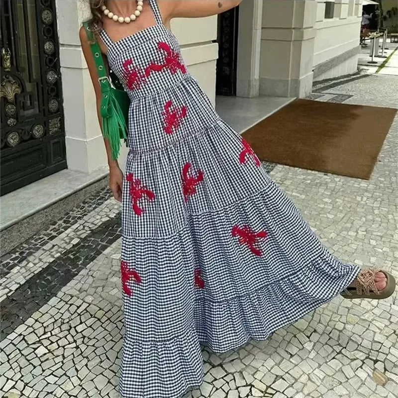 MUJER Plaid Slip Long Dress Woman Embroidery Ruffle Summer Dresses 2025 Sleeveless Beach Holiday Dress Women Casual Midi Dresses