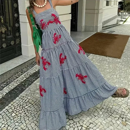 MUJER Plaid Slip Long Dress Woman Embroidery Ruffle Summer Dresses 2025 Sleeveless Beach Holiday Dress Women Casual Midi Dresses