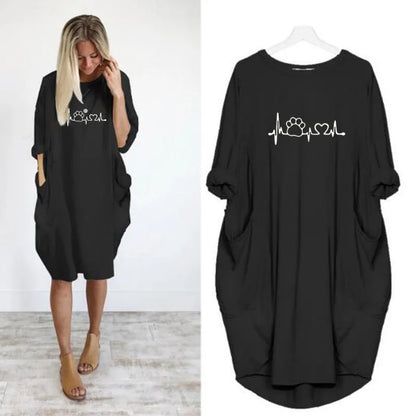 Women's Loose  Long Sleeved Summer Plus Size Dress Autumn  Winter Casual Round Neck Solid Color Long Sleeve Pocket Loose Pullove