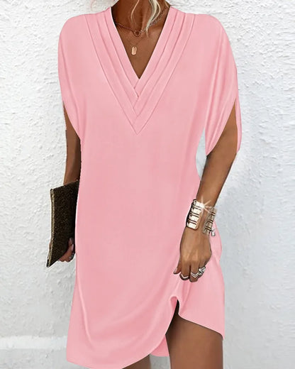 Women Elegant Multi-layered V Neck Pullover Dresses Summer Batwing Half Sleeve Dress New Female Solid Color Commuter Casual Gown