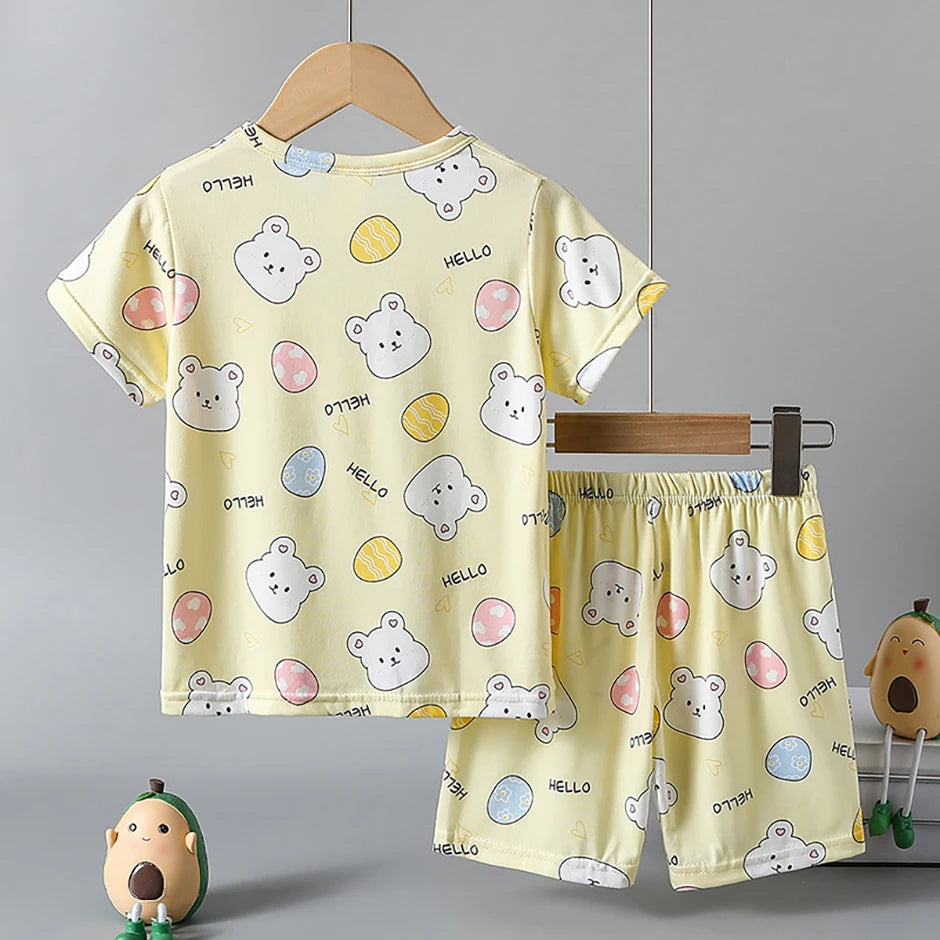 2-piece children's summer cute cartoon printed short sleeved shorts set for boys and girls casual and comfortable T-shirt shorts