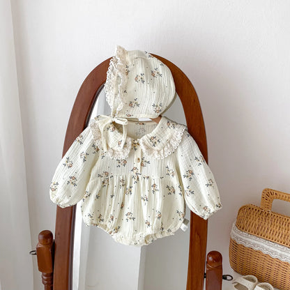 2025 Spring Newborn Infant Baby Girls Romper+Hat 2PCS Lapel Floral Rompers Kids Fashion Baby Clothing Newborn Baby Girl Jumpsuit
