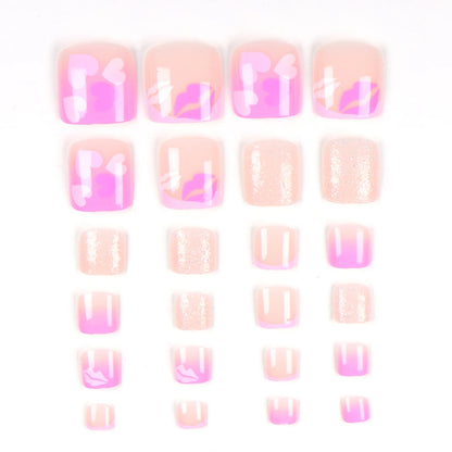 24pcs French Fake Toenails Pink Gradient Full Cover Short Square Toe Nails Foot Nails Tips for Women Girls