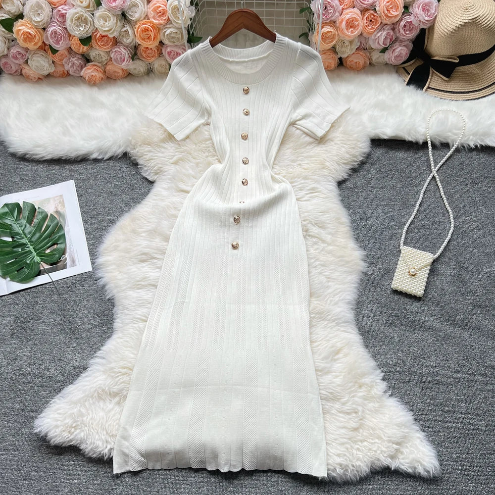 YuooMuoo 2026 Summer Women Knitted Long Dress Brand Fashion O-neck Buttons Bodycon Sweater Dress Elegant Lady Office Vestidos