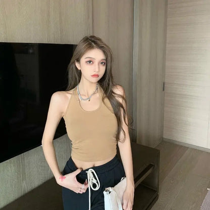 Halter Spaghetti Straps Vest for Women With Bra Padding Inner Wear Outer Wear Sexy Beauty Back Tanks Top