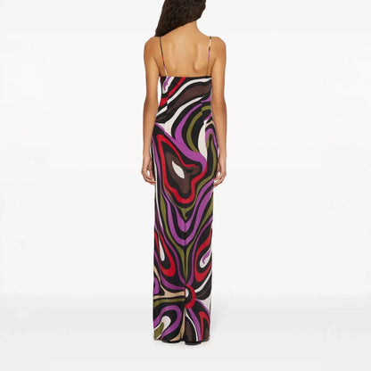 Women's Spaghetti Strap Dress Irregular Color Print Sexy V-neck Backless Slim Slit Long Dresses Summer Party Commuting Vestidos