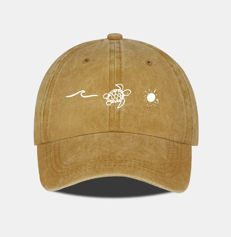 Retro Washed Baseball Cap with Wave, Turtle, and Sun Print – Unisex Adjustable Dad Cap – Summer Beach Sun Hat
