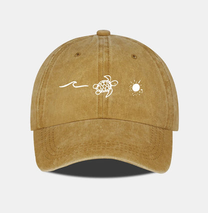 Retro Washed Baseball Cap with Wave, Turtle, and Sun Print – Unisex Adjustable Dad Cap – Summer Beach Sun Hat