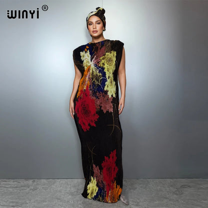 WINYI Pleated elastic slim dress Women crumple Design Pleated luxury abaya muslim party dress poncho for women beach wear kaftan