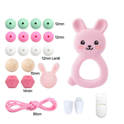 LOFCA Silicone Teether Wood Beads Set BPA Free DIY Baby Teething Necklace Toy Cartoon Koala Raccoon Pacifier Chain Clip