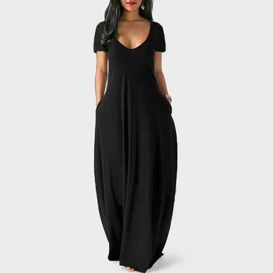 European and American summer cross-border foreign trade new plus size women's solid color dress sexy deep V short sleeved long s