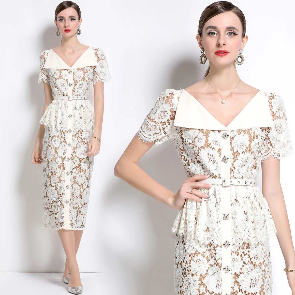 Quality Summer Beaded Diamonds Embroidery Beige White Lace Evening Dress Women Short Sleeve Ruffle Peplum Midi Prom Dresses Long