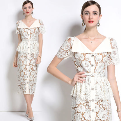 Quality Summer Beaded Diamonds Embroidery Beige White Lace Evening Dress Women Short Sleeve Ruffle Peplum Midi Prom Dresses Long